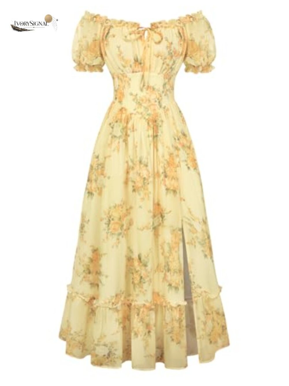 Floral Corset Midi Dress Puff Sleeve Off Shoulder A-Line Summer